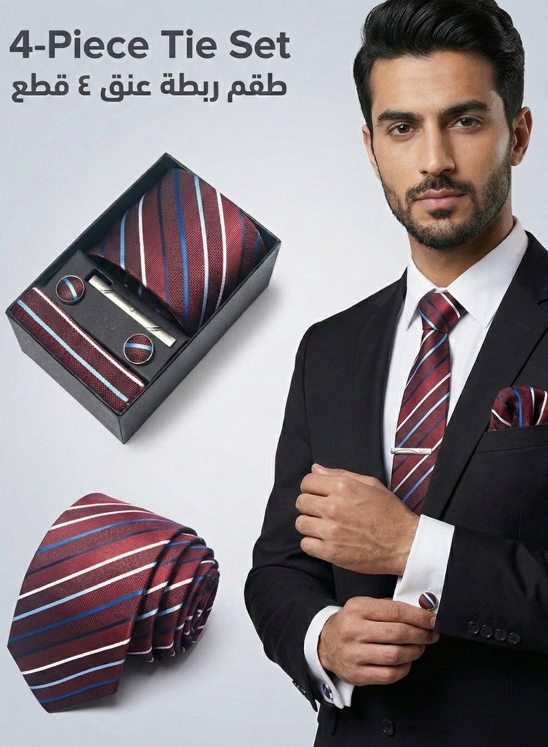 FIORICASA 4-PIECE Men's Necktie Gift Set - Burgundy Red with Blue & White Striped Tie, Matching Pocket Square, Cufflinks and Tie Clip - Classic Elegant Suit Accessory Box - Image 1